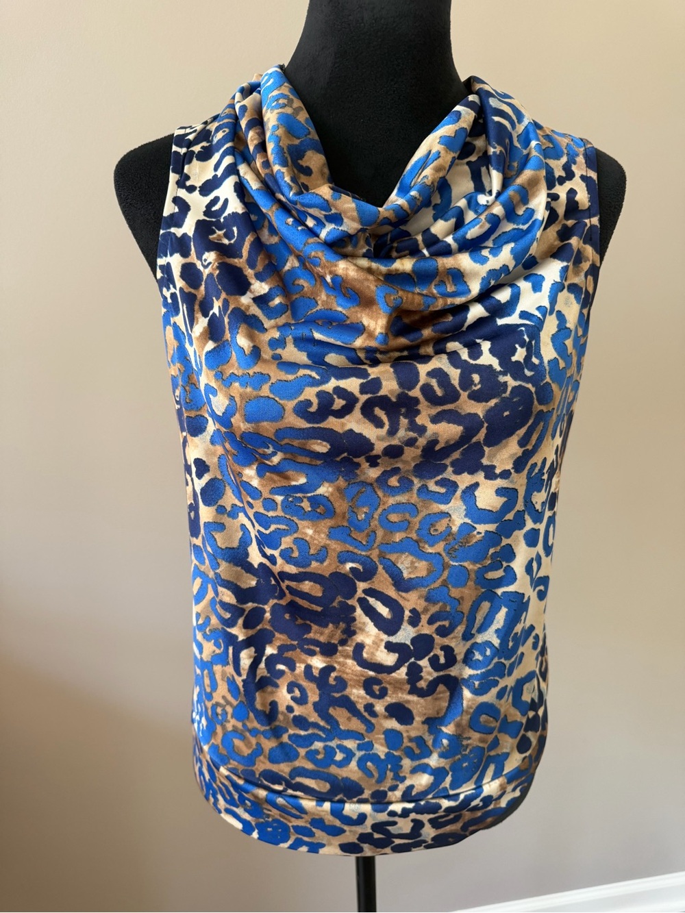 Alfani Sleeveless Cowl Neck Leopard Print Top in Blue and Tan MED